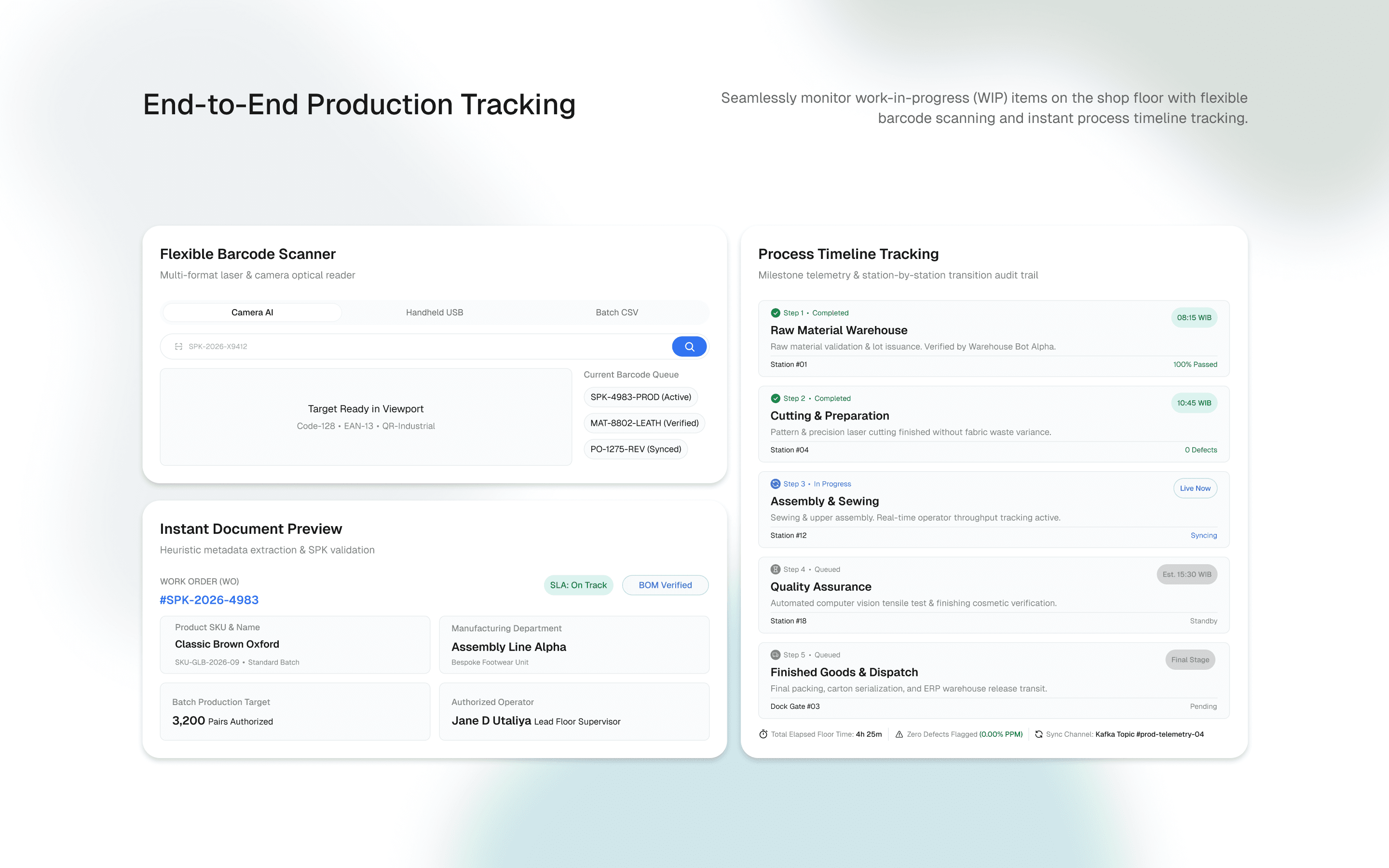 End-to-end production tracking — barcode scan to dispatch