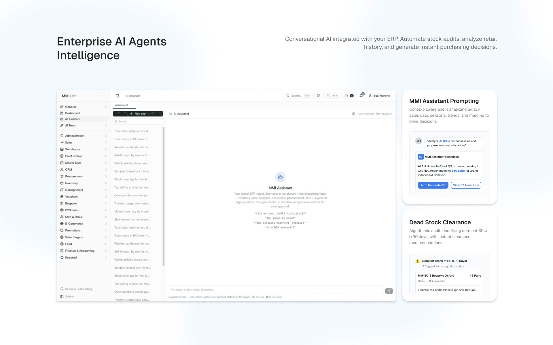Built-in AI agent — asks the ERP in plain language